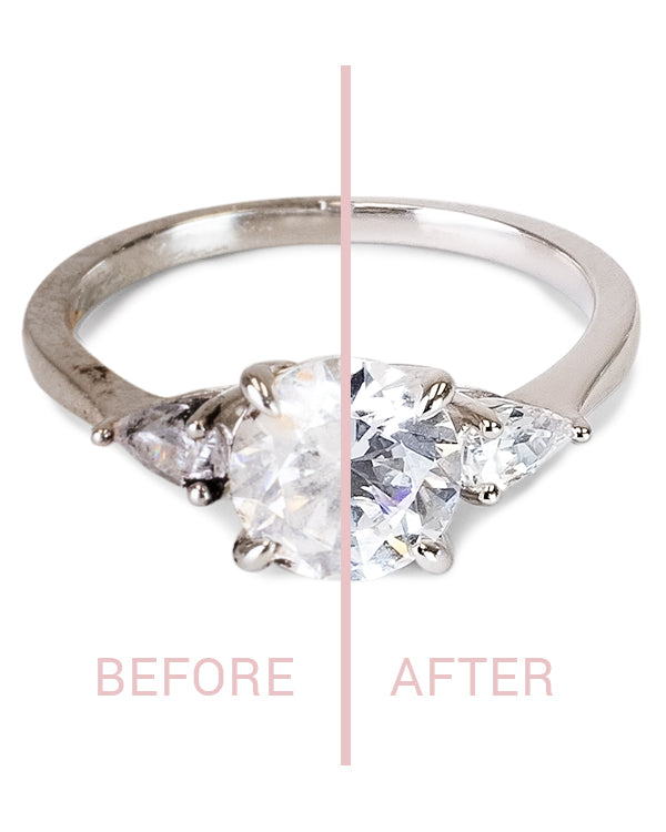 Before and after of a diamond ring that has been cleaned with Clean + Care's Jewelry Cleaning Stick