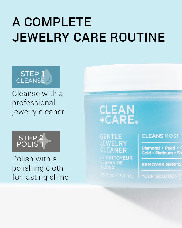 Clean + Care's 2 step jewelry care routine with Gentle Jewelry Cleaner