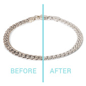 A silver necklace showing a before and after using Jewelry Cleaner Packette's in an ultrasonic cleaner for jewelry 