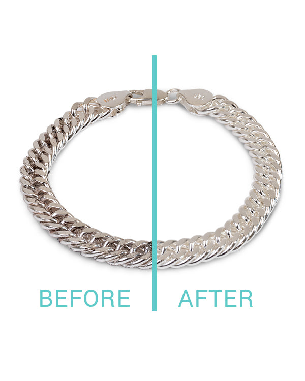 Before and after cleaning a silver bracelet in the Clean + Care Ultrasonic Cleaner
