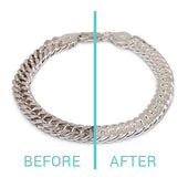 Before and after cleaning a silver bracelet in the Clean + Care Ultrasonic Cleaner
