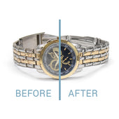 Before and after using Jewelry + Watch Cleansing Wipes on a gold and silver watch