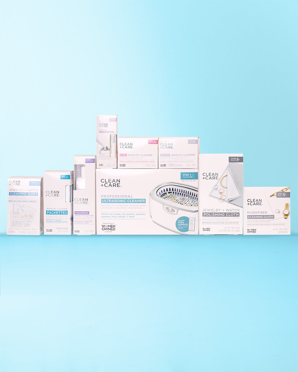 Complete Care Collection containing the packaging of Fine Jewelry Cleaner, Silver Jewelry Cleaner, Jewelry + Watch Cleansing Wipes, Foaming jewelry Cleaner, Jewelry Cleaning Stick, Jewelry Cleaning Packette, Microfiber Cleaning Cloth, Polishing Cloth