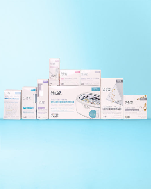 Complete Care Collection containing the packaging of Fine Jewelry Cleaner, Silver Jewelry Cleaner, Jewelry + Watch Cleansing Wipes, Foaming jewelry Cleaner, Jewelry Cleaning Stick, Jewelry Cleaning Packette, Microfiber Cleaning Cloth, Polishing Cloth