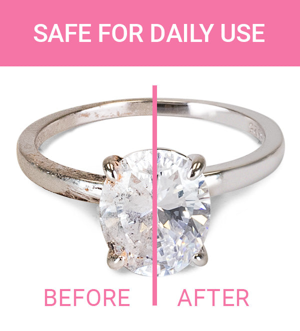 Before and after image showing a diamond ring with everyday build-up on the left, and sparkling results from the Fine Jewelry Cleaner on the right