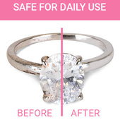 Before and after image showing a diamond ring with everyday build-up on the left, and sparkling results from the Fine Jewelry Cleaner on the right