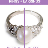 Before and after image showing a pearl ring with everyday build-up on the left, and sparkling results from the Foaming Jewelry Cleaner on the right