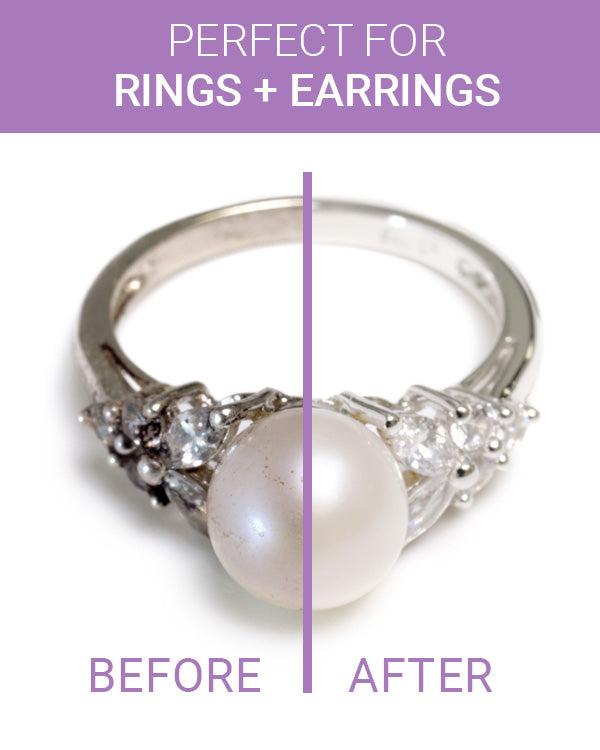 Before and after image showing a pearl ring with everyday build-up on the left, and sparkling results from the Foaming Jewelry Cleaner on the right