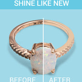 Before and after image showing a opal ring with everyday build-up on the left, and sparkling results from the Gentle Jewelry Cleaner on the right