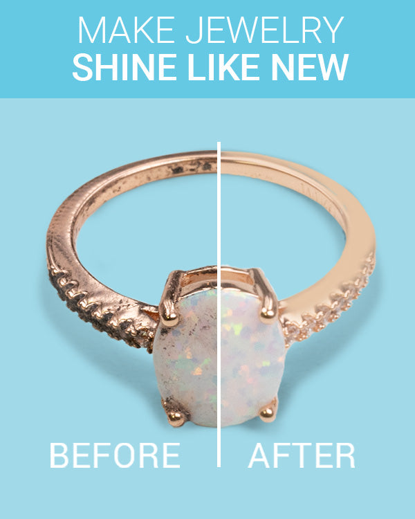 Before and after image showing a opal ring with everyday build-up on the left, and sparkling results from the Gentle Jewelry Cleaner on the right