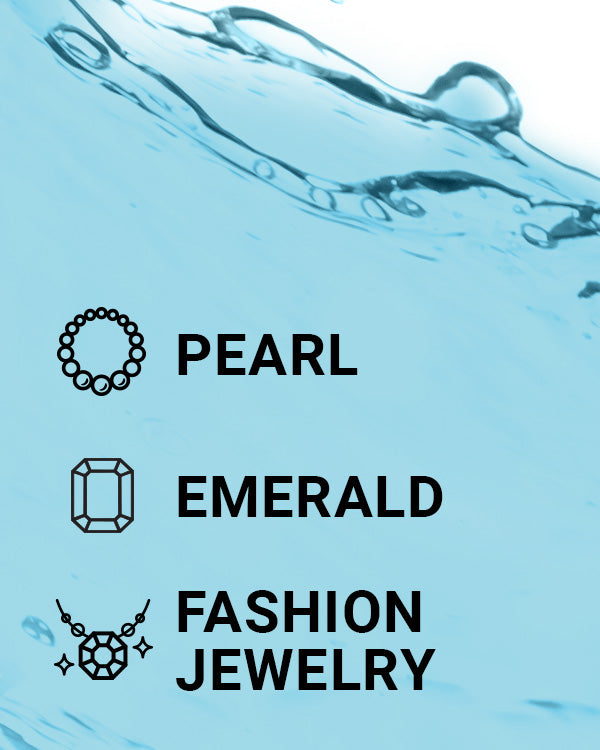 CLEAN+CARE Gentle Jewelry Cleaner liquid close-up image including text of what jewelry it can be used on.