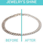Before and after image showing a silver bracelet with mild tarnish on the left, and sparkling results from the Jewelry Cleaner Packette on the right