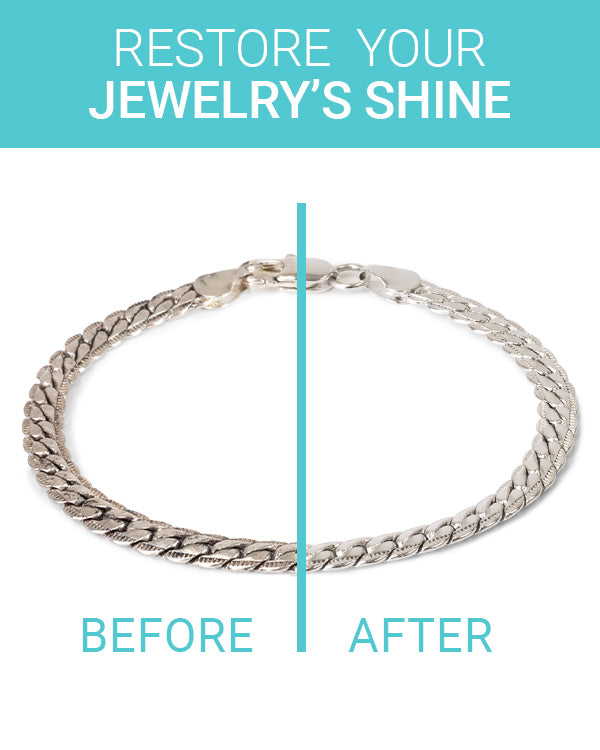 Before and after image showing a silver bracelet with mild tarnish on the left, and sparkling results from the Jewelry Cleaner Packette on the right