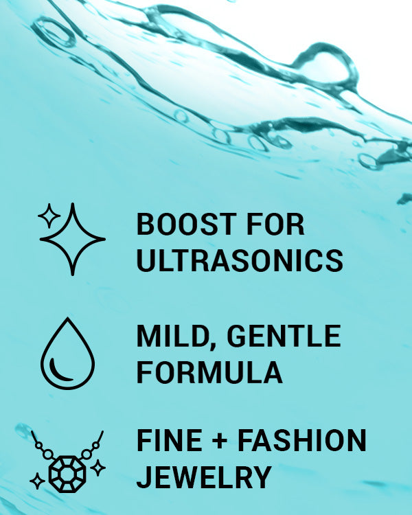 CLEAN+CARE Jewelry Cleaner Packette liquid close-up image including callouts.
