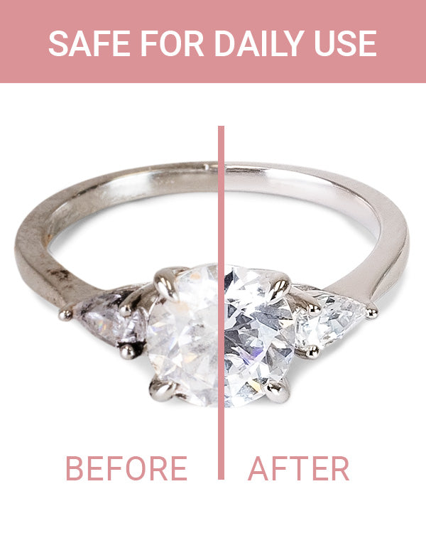 Before and after image showing a diamond ring with everyday build-up on the left, and sparkling results from the Jewelry Cleaning Stick on the right
