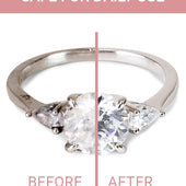 Before and after image showing a diamond ring with everyday build-up on the left, and sparkling results from the Jewelry Cleaning Stick on the right