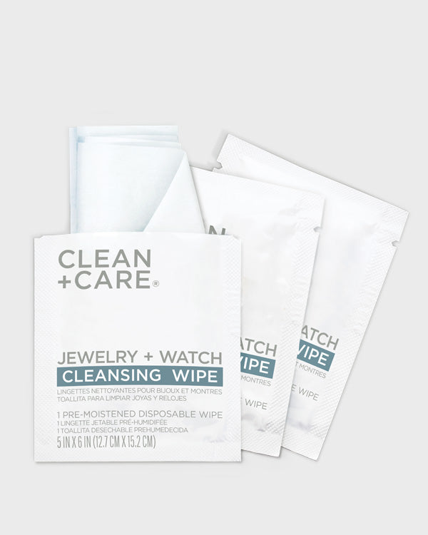 CLEAN+CARE Jewelry + Watch Cleansing Wipe sachets opened to showcase wipes