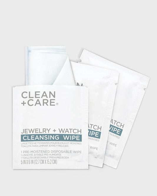 CLEAN+CARE Jewelry + Watch Cleansing Wipe sachets opened to showcase wipes