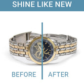 Before and after image showing a watch with everyday build-up on the left, and sparkling results from the CLEAN+CARE Wipes on the right