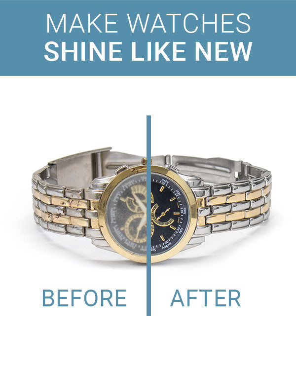 Before and after image showing a watch with everyday build-up on the left, and sparkling results from the CLEAN+CARE Wipes on the right