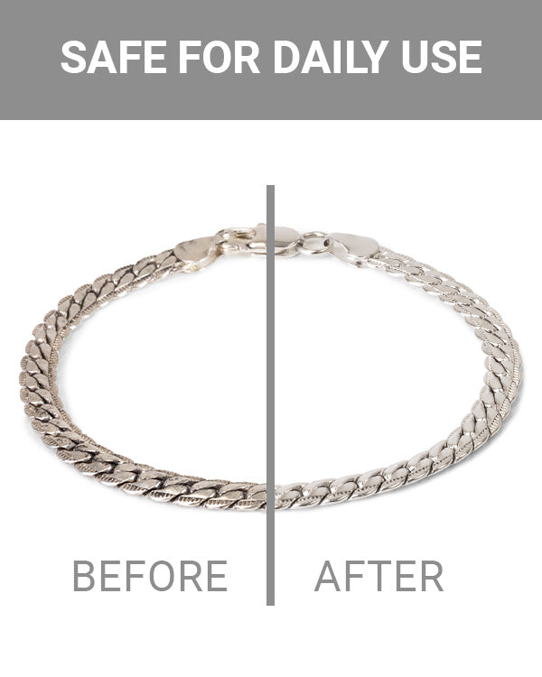 Before and after image showing a silver bracelet with mild tarnish on the left, and sparkling results from the Silver Jewelry Cleaner on the right