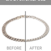 Before and after image showing a silver bracelet with mild tarnish on the left, and sparkling results from the Silver Jewelry Cleaner on the right