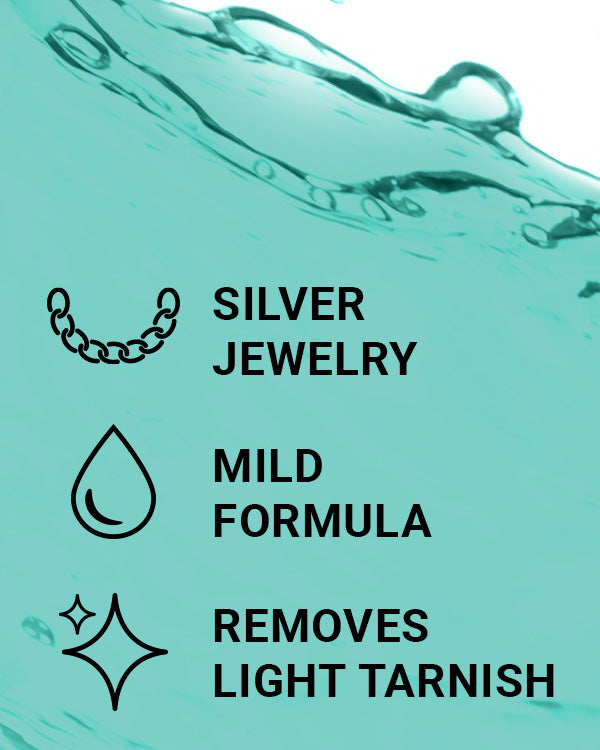 CLEAN+CARE Silver Jewelry Cleaner liquid close-up image including callouts