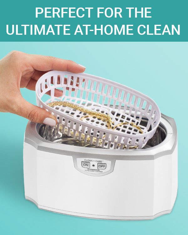 CLEAN+CARE Ultrasonic Cleaner in-use with jewelry in included soaking basket 