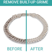 Before and after image showing a silver bracelet with mild tarnish on the left, and sparkling results from the Ultrasonic Cleaner on the right