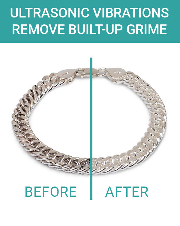 Before and after image showing a silver bracelet with mild tarnish on the left, and sparkling results from the Ultrasonic Cleaner on the right