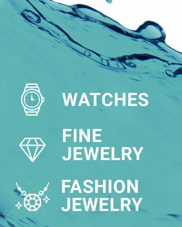 Liquid splash close-up image including what jewelry can be cleaned with the CLEAN+CARE Ultrasonic Cleaner