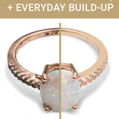 Before and after image showing a dirty opal ring on the left, and sparkling results from the Essentials Set on the right