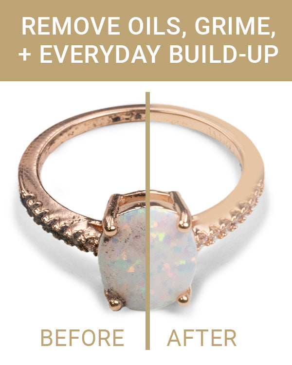 Before and after image showing a dirty opal ring on the left, and sparkling results from the Essentials Set on the right