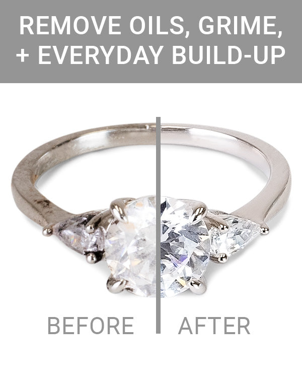 Before and after image showing a dirty diamond ring on the left, and sparkling results from the Microfiber Cleaning Cloth on the right