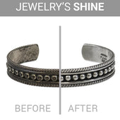 Before and after image showing a silver bracelet with tarnish on the left, and sparkling results from the Professional Polishing Cloth on the right