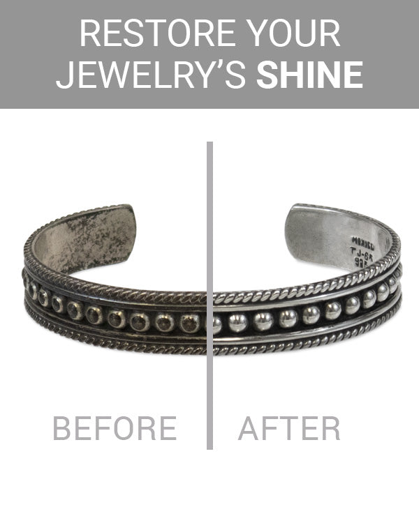 Before and after image showing a silver bracelet with tarnish on the left, and sparkling results from the Professional Polishing Cloth on the right