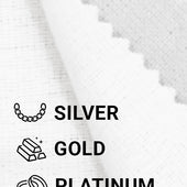 CLEAN+CARE Professional Polishing Cloth close-up of treated inner layer with callouts of what jewelry it can be used on