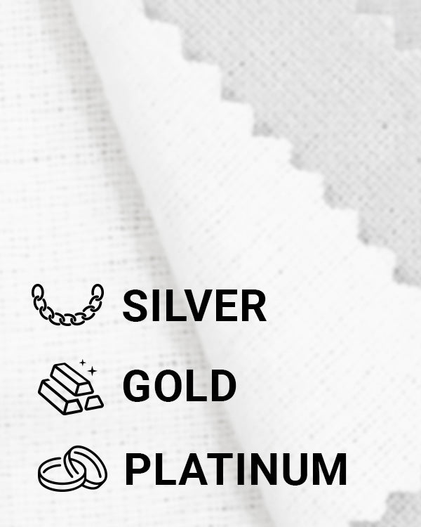CLEAN+CARE Professional Polishing Cloth close-up of treated inner layer with callouts of what jewelry it can be used on