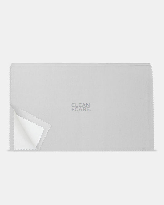 CLEAN+CARE 12x15 in. Professional Polishing Cloth out of packaging, with corner upturned to showcase treated inner layer
