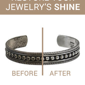 Before and after image showing a silver bracelet with tarnish on the left, and sparkling results from the Jewelry + Watch Cleaning Trio on the right