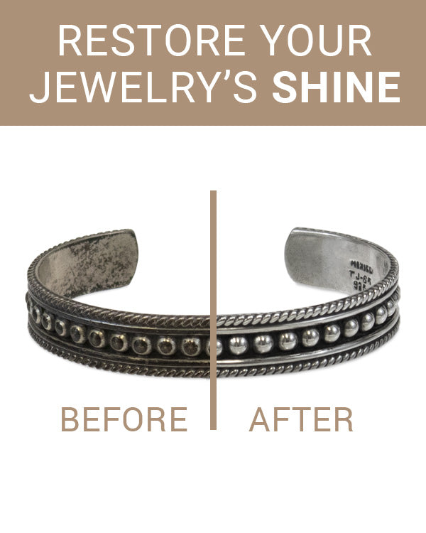 Before and after image showing a silver bracelet with tarnish on the left, and sparkling results from the Jewelry + Watch Cleaning Trio on the right