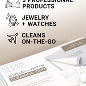 CLEAN+CARE Jewelry + Watch Cleaning Trio packaging with callouts