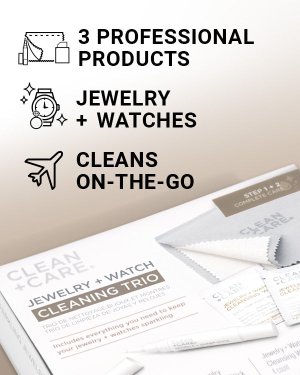 CLEAN+CARE Jewelry + Watch Cleaning Trio packaging with callouts