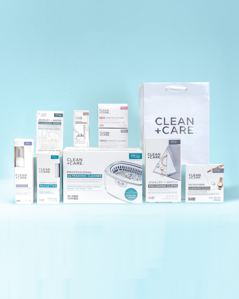 Complete Care Kit containing the packaging of Fine Jewelry Cleaner, Silver Jewelry Cleaner, Jewelry + Watch Cleansing Wipes, Foaming jewelry Cleaner, Jewelry Cleaning Stick, Jewelry Cleaning Packette, Microfiber Cleaning Cloth, Polishing Cloth