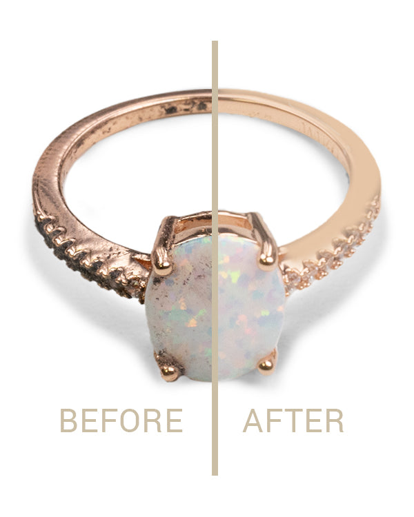 A ring showing before and after using Clean + Care's Jewelry Care Essentials Set