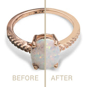 A ring showing before and after using Clean + Care's Jewelry Care Essentials Set