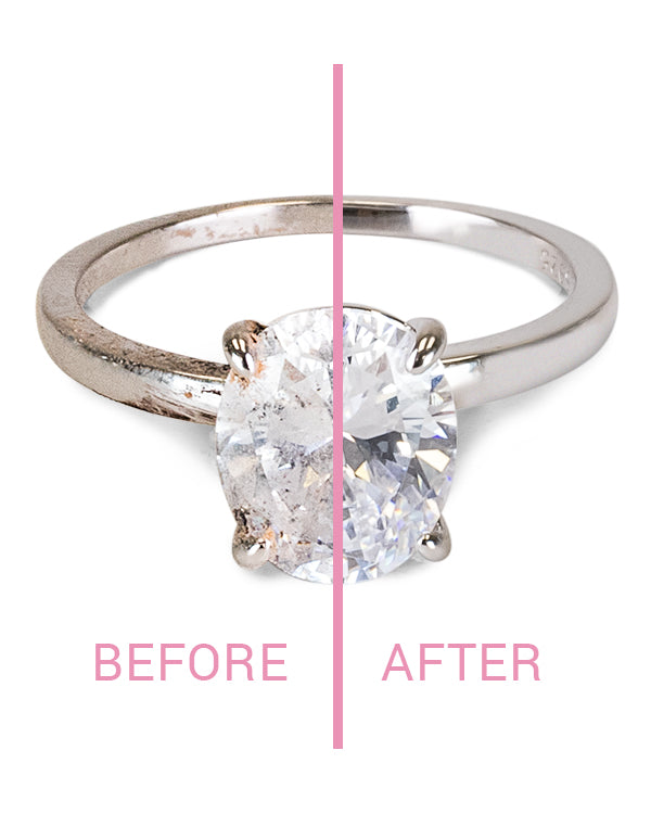 Before and after of a ring that has been cleaned with Clean + Care Fine Jewelry Cleaner