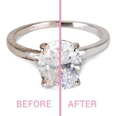 Before and after of a ring that has been cleaned with Clean + Care Fine Jewelry Cleaner
