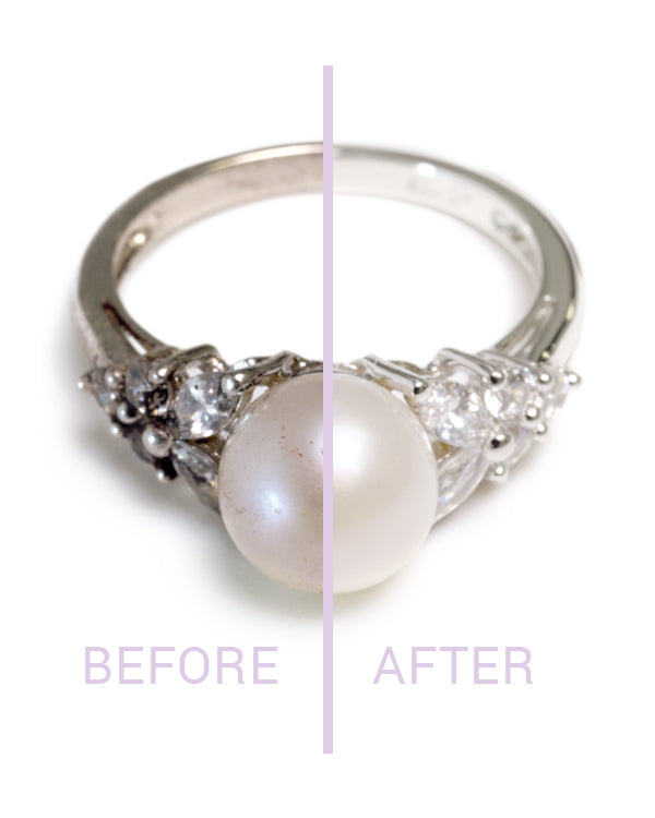 Pearl ring showing a before and after cleaning using Foaming Jewelry Cleaner from Clean + Care