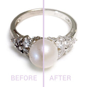 Pearl ring showing a before and after cleaning using Foaming Jewelry Cleaner from Clean + Care